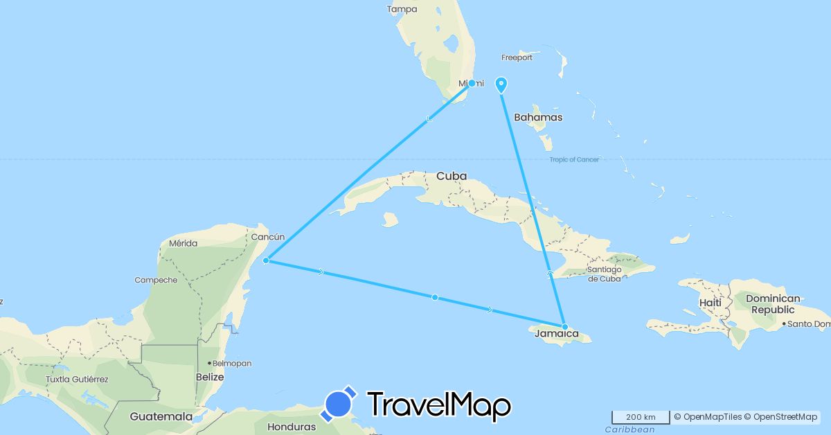 TravelMap itinerary: driving, boat in Bahamas, Jamaica, Cayman Islands, Mexico, United States (North America)